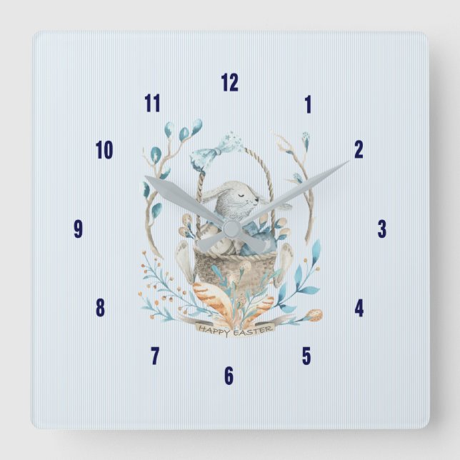 Reloj Cuadrado Cesta de conejo de Pascua Flores y Pájaros de Boke (Anverso)