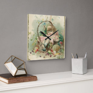 Reloj Cuadrado Cesta de frutas primaveral infantil victoriana vin