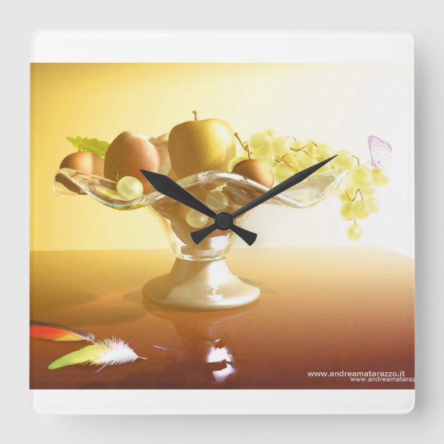 Reloj Cuadrado Cesta de vidrio con frutas y mariposa (Anverso)