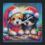 Reloj Cuadrado Chalk Drawing Two Cute Puppies in Santa Hats<br><div class="desc">Chalk Drawing Two Cute Puppies in Santa Hats Designed by Carrie Fink.  Printed and shipped by Zazzle or their partners.</div>