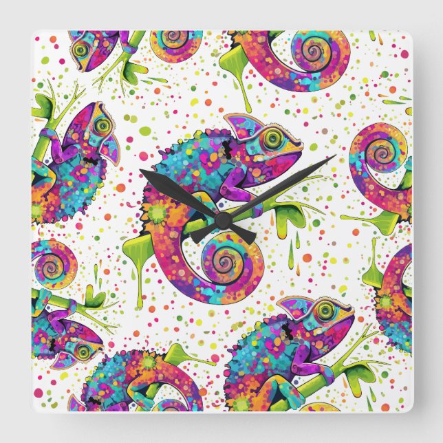 Reloj Cuadrado Chameleon Paint Stains Watercolor Style (Anverso)