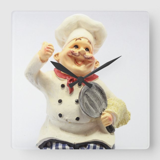 Reloj Cuadrado Chef riéndose con figurilla de cerámica de sartén (Anverso)