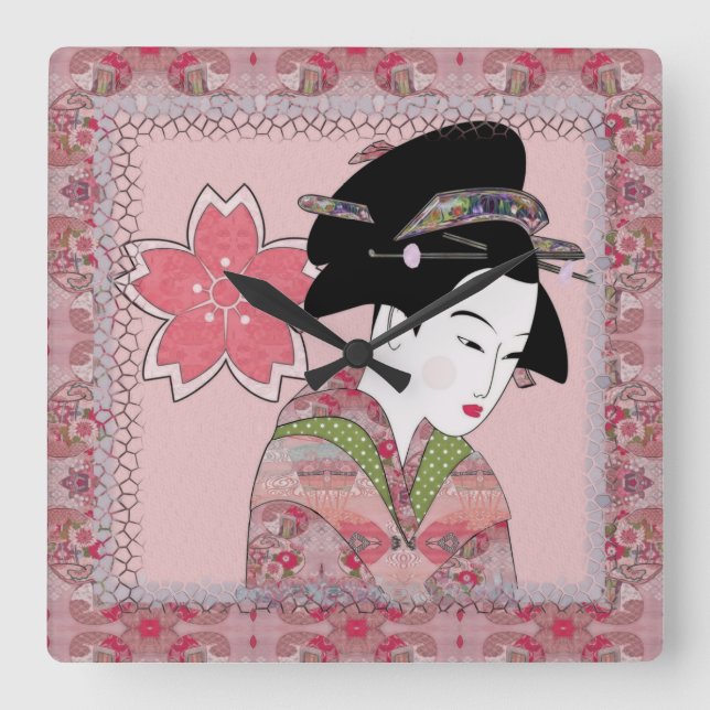 Reloj Cuadrado Cherry Blossom Geisha (Anverso)