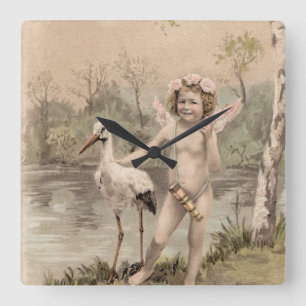 Reloj Cuadrado Cherub vintage con cigüeña por lago