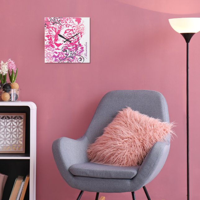 Reloj Cuadrado Chetah de leopardo de gato violeta rosa con flor (Subido por el creador)