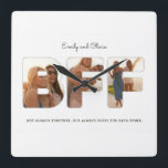 Reloj Cuadrado Chic BFF Best Friends Photo Collage Quote<br><div class="desc">A perfect gift for a best friend, this photo template collage clock features three of your favorite photos behind trendy outlined letters, and your names in a combination of script and modern sans serif typography. The text can be edited completely, to say whatever you would like it to say. You...</div>