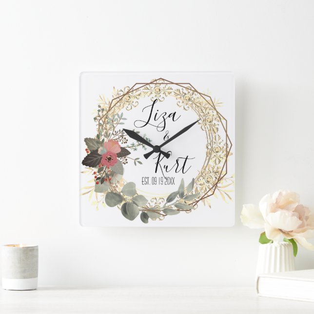 Reloj Cuadrado Chic Elegant Floral Wreath Wedding       (Hogar)