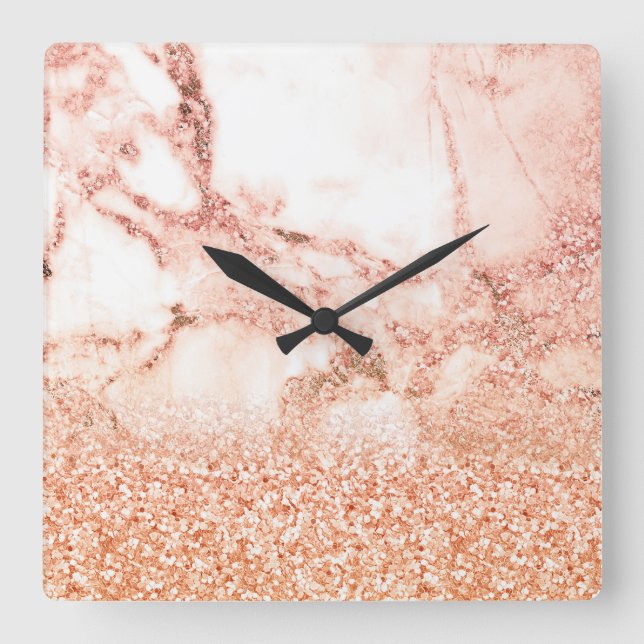 Reloj Cuadrado Chic Elegant Rose Gold Ombre Glitter Marble (Anverso)