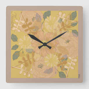 Reloj Cuadrado Chic Gold Leaf Violet Floral Background