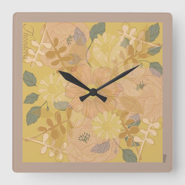 Reloj Cuadrado Chic Gold Leaf Violet Floral Background (Anverso)