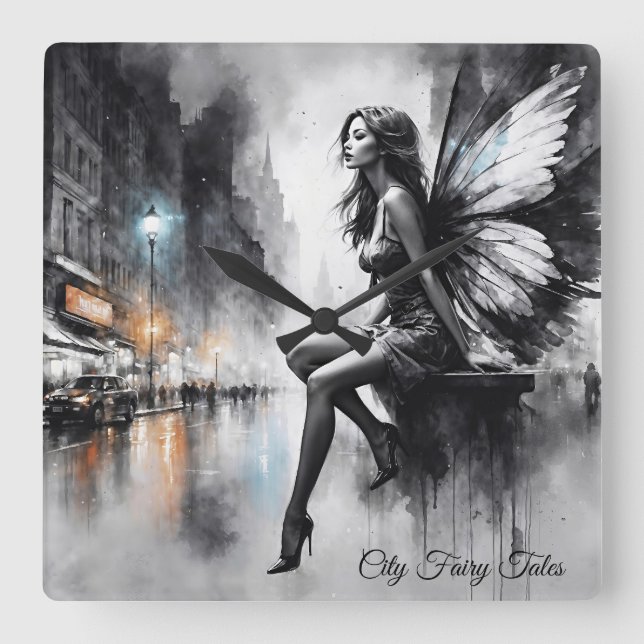 Reloj Cuadrado Chica alado místico urbano blanco y negro (Anverso)