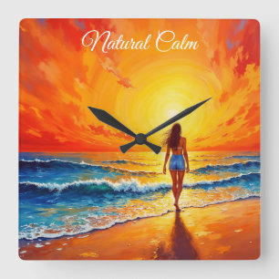 Reloj Cuadrado Chica atardecer playa caminar olas oceánicas decor