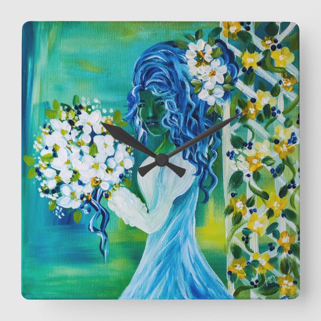 Reloj Cuadrado Chica Con Bouquet De Primavera (Anverso)