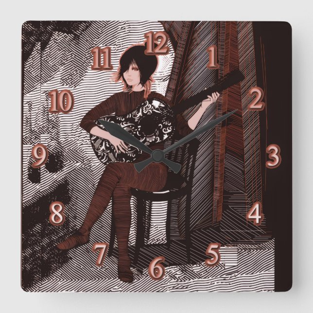 Reloj Cuadrado Chica con guitarra (Anverso)