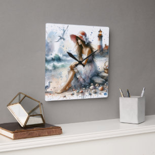 Reloj Cuadrado Chica de acuarela romántica por faro