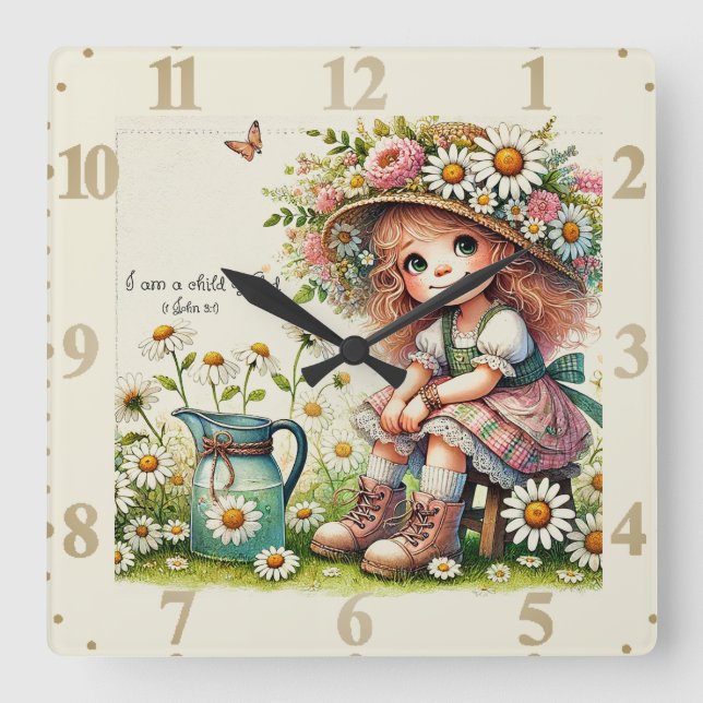 Reloj Cuadrado Chica de la margarita del niño de Dios (Anverso)