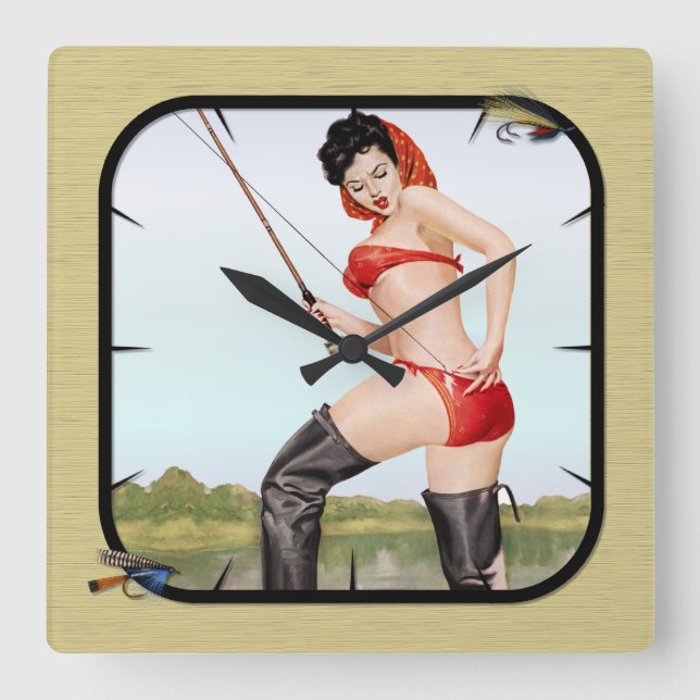 Reloj Cuadrado Chica de Pescadores de Pesca de hoy (Anverso)