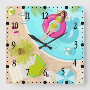 Reloj Cuadrado Chica de piscina en bikini playa de verano 