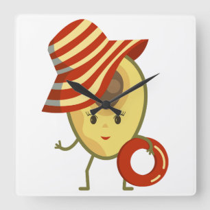 Reloj Cuadrado Chica de playa de aguacate con sombrero de sol y a