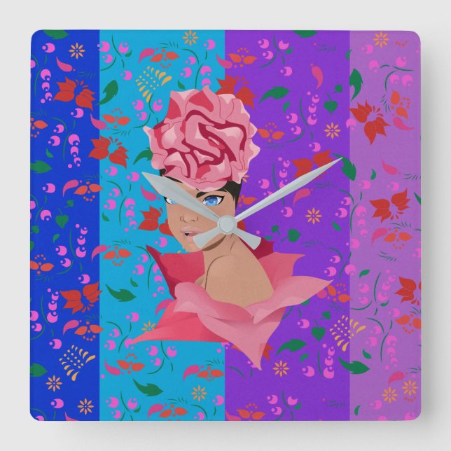 Reloj Cuadrado Chica floral brillante de renovación de flores (Anverso)