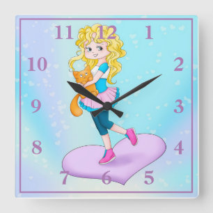 Reloj Cuadrado Chica lindo sosteniendo gato