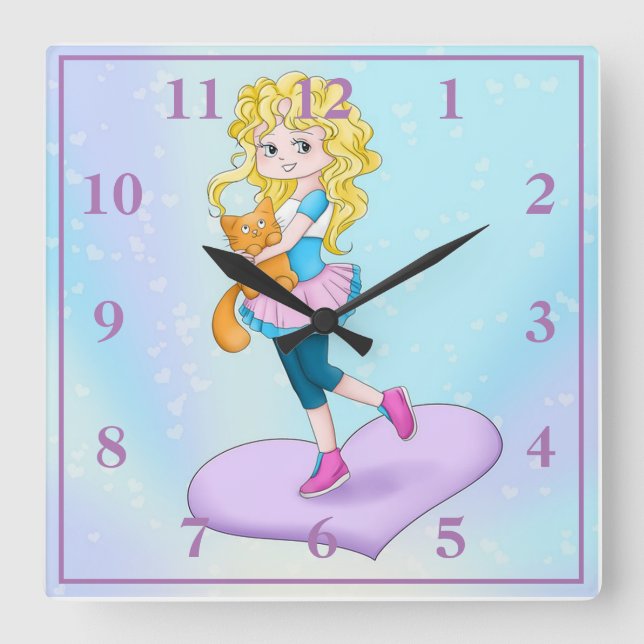 Reloj Cuadrado Chica lindo sosteniendo gato (Anverso)