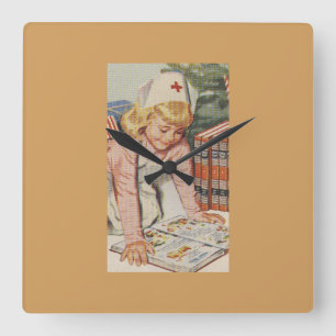 Reloj Cuadrado Chica que juega a la enfermera - retra