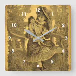 Reloj Cuadrado Chica Victoriana Vintage Con Muñeca En El Banco