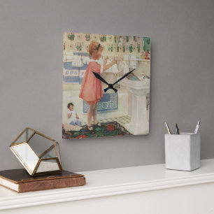 Reloj Cuadrado Chica Vintage, Niño Haciendo Ropa colgante
