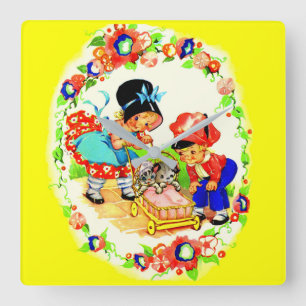 Reloj Cuadrado chica y niño, gatito y letra de cachorro