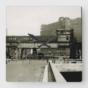 RELOJ CUADRADO CHICAGO MERCHANDISE MART TROLLEY TRAIN WATERCOLOR