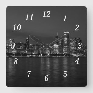 Reloj Cuadrado Chicago Night Cityscape Grayscale Wall Clock