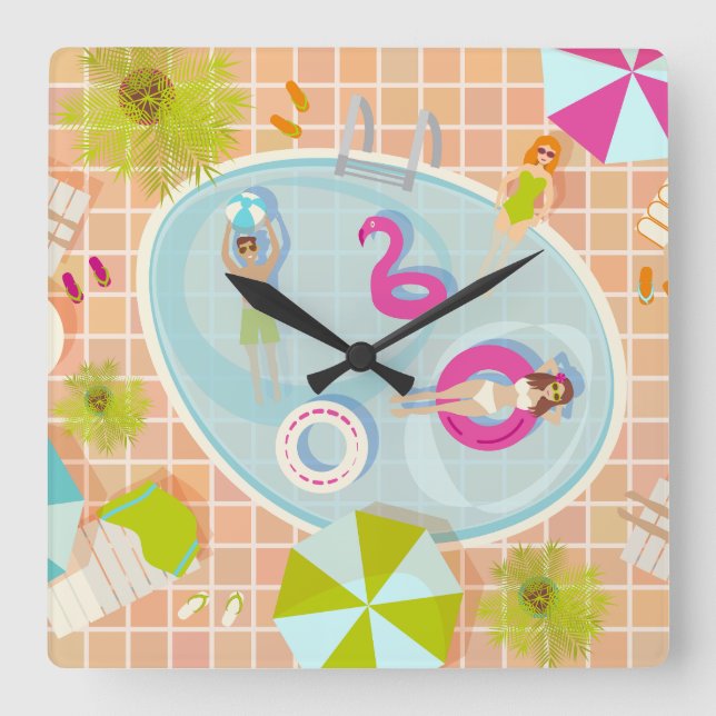 Reloj Cuadrado Chicas de bikini y chicos jugando al billar (Anverso)