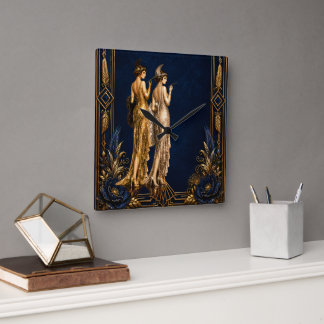 Reloj Cuadrado Chicas flapper Art Deco decoupage azul oro Gatsby