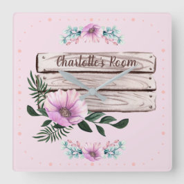 Reloj Cuadrado Chicas personalizares Floral Rótulo Faux Wood
