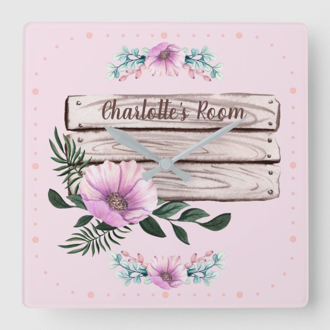 Reloj Cuadrado Chicas personalizares Floral Rótulo Faux Wood (Anverso)