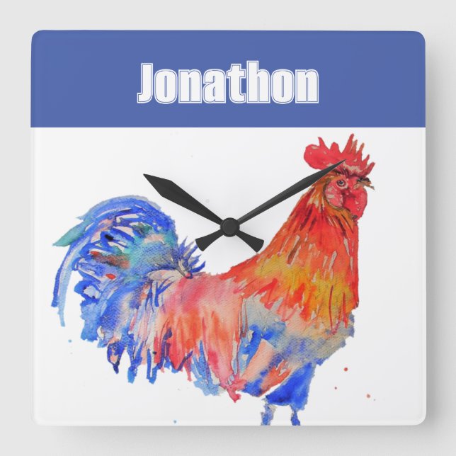 Reloj Cuadrado Chicken Rooster Bird Kids Boys Name Notebook (Anverso)