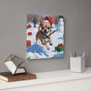 Reloj Cuadrado Chihuahua corre en Nieve con Gorra Navidad