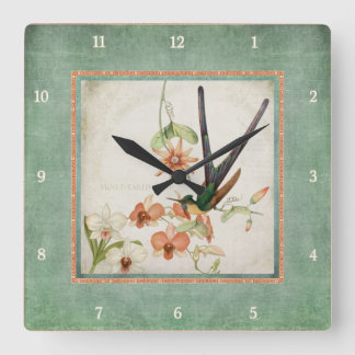 Reloj Cuadrado Chinoiserie Vintage Hummingbirds n Flowers Coral