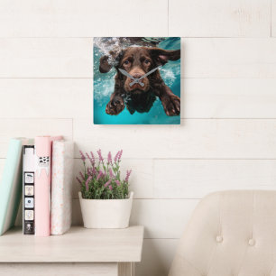 Reloj Cuadrado Chocolate labrador juguetón nadando bajo el agua