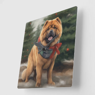 Reloj Cuadrado Chow Chow Dog en Navidades de nieve