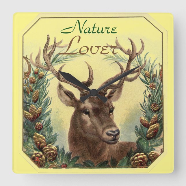 Reloj Cuadrado CHRISTMAS DEER,PINE CONE CROWN NATURE LOVER Yellow (Anverso)