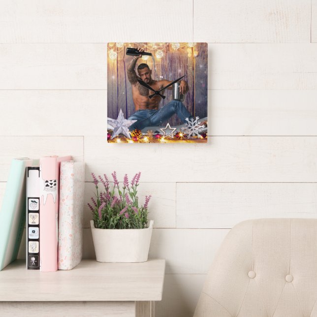 Reloj Cuadrado Christmas SlipperyJoe silver gold stars lights wet (Sala de lectura)