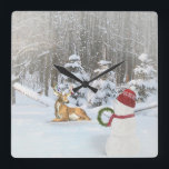 Reloj Cuadrado Christmas snowman with deer in winter woods<br><div class="desc">snowman with Christmas wreath in winter woods with deer in snow</div>