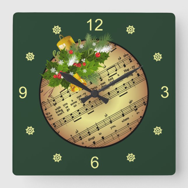 Reloj Cuadrado Christmas Tree Ornament ~ Bell & Mistletoe ~  (Anverso)