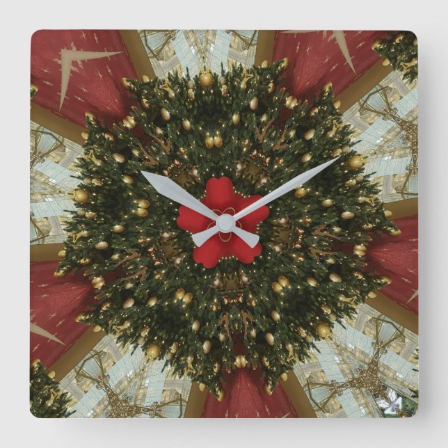 Reloj Cuadrado Christmas Wreath Red Green Gold with Red Star (Anverso)