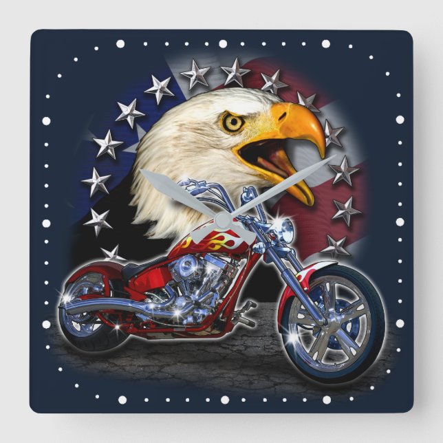 Reloj Cuadrado Chrome Motorcycle Chopper Patriotic Eagle Bandera  (Anverso)