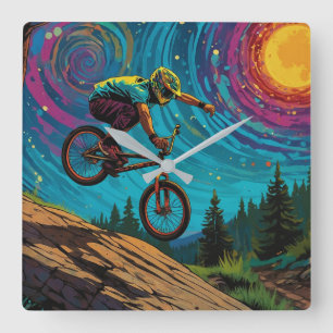 Reloj Cuadrado Ciclista de BMX en Pendiente de Montaña