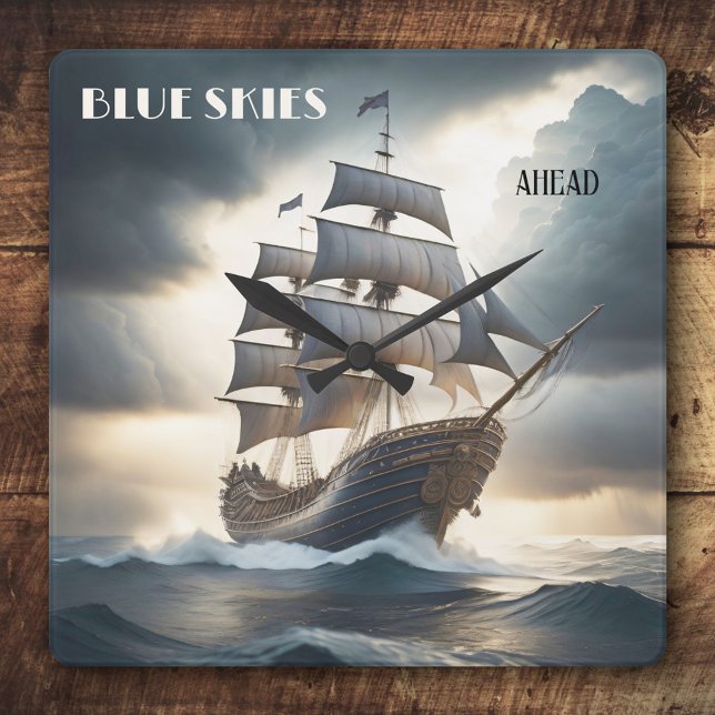 Reloj Cuadrado Cielos azules por delante del barco de vela antigu (Classic design wall clock featuring a vintage clipper on a stormy ocean)