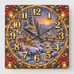 Reloj Cuadrado Ciervo de Navidad Montaña País de las Maravillas I